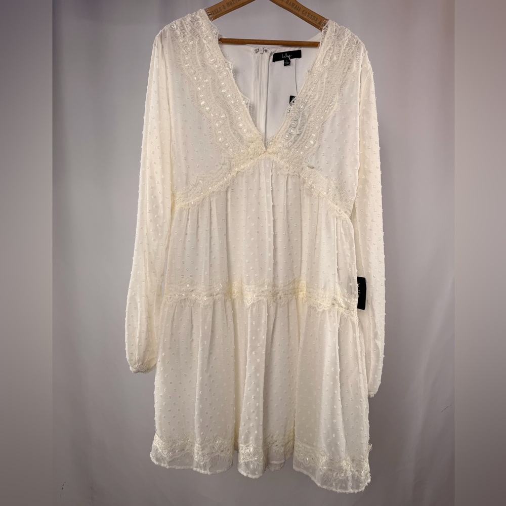 NWT Lulu's Wistful Moments Long Sleeve Mini Dress in Cream Size Large - Picture 2 of 7
